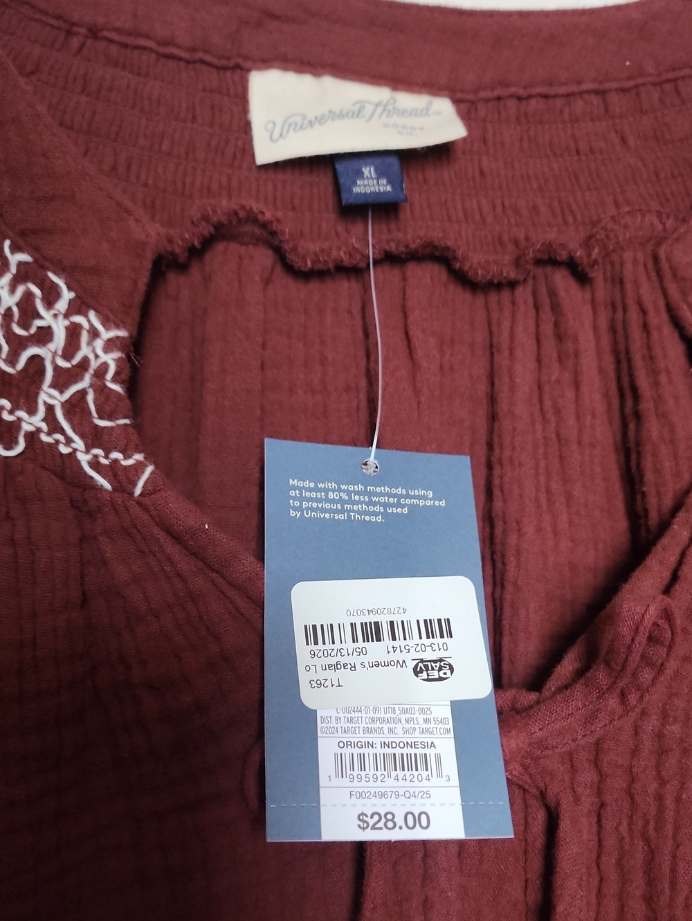 Universal Thread Cotton Gauze Blouse Brown Bishop Sleeve Tie Front Prarie XL - Picture 2 of 6